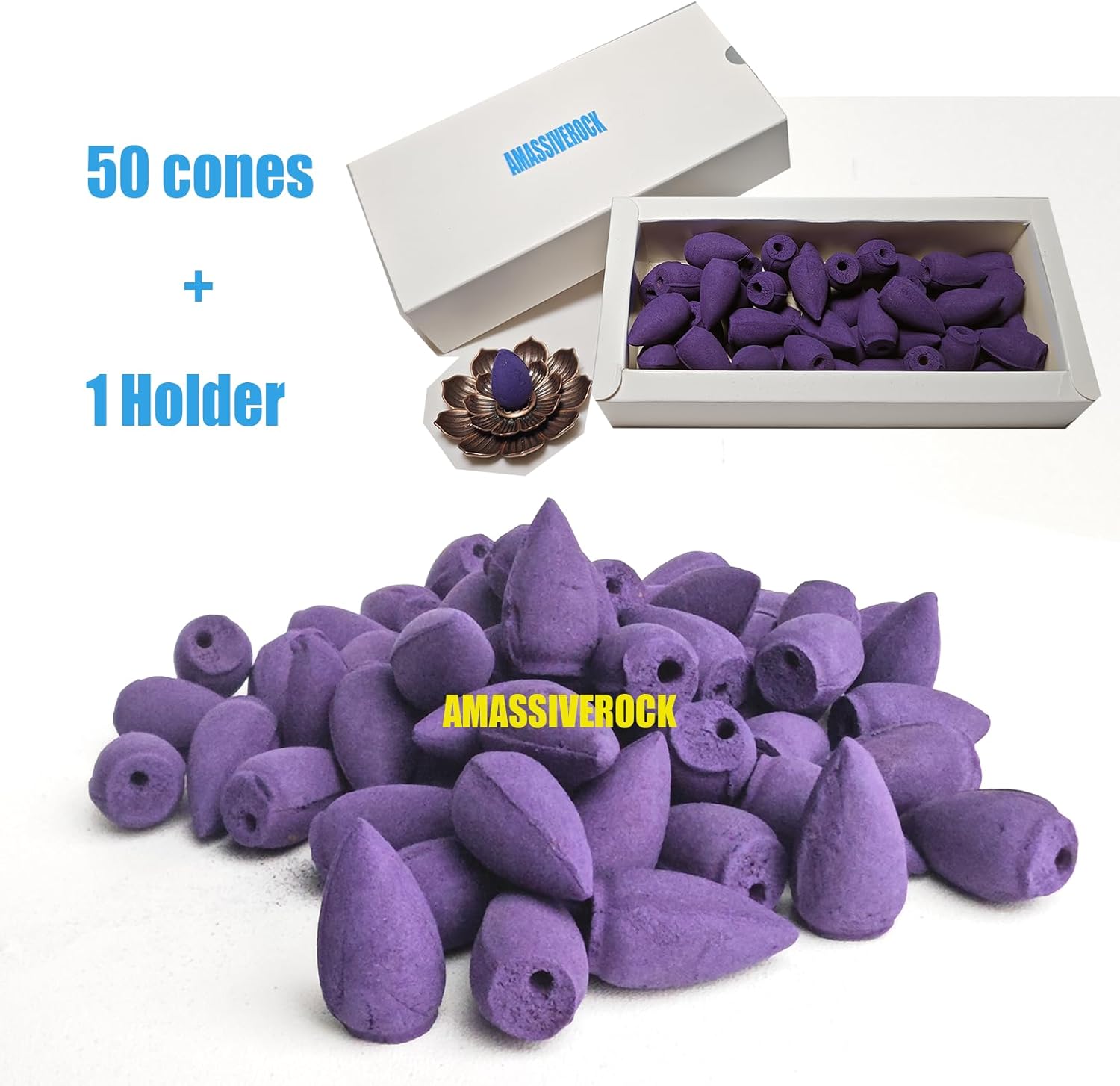 Lavender Incense Cones 50 Pack with Holder for Meditation and Relaxation