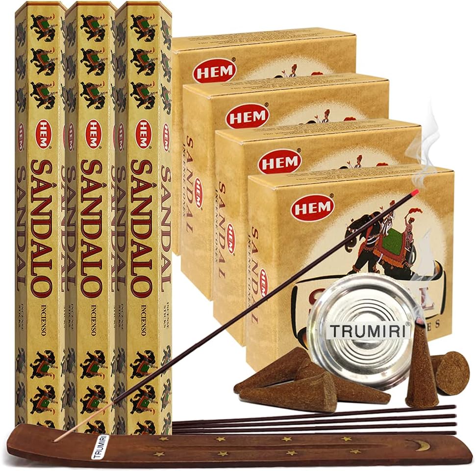 TRUMIRI Sandalwood Incense Sticks and Cone Holder Bundle