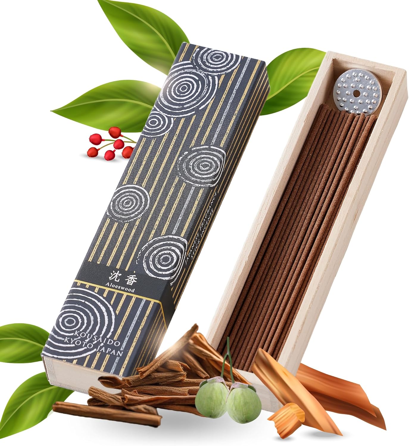Hasegawa Hyakurakuko Premium Sandalwood Incense Sticks - 40 Count with Holder
