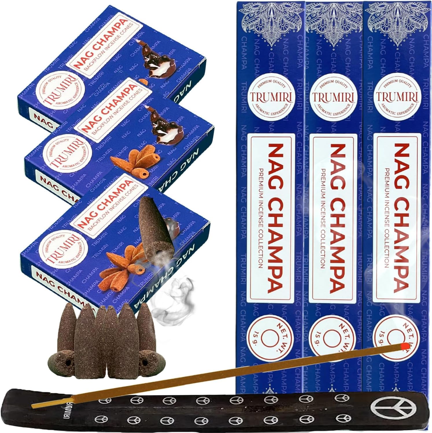 TRUMIRI Nag Champa Incense Sticks and Waterfall Cones - 45 Sticks 30 Cones