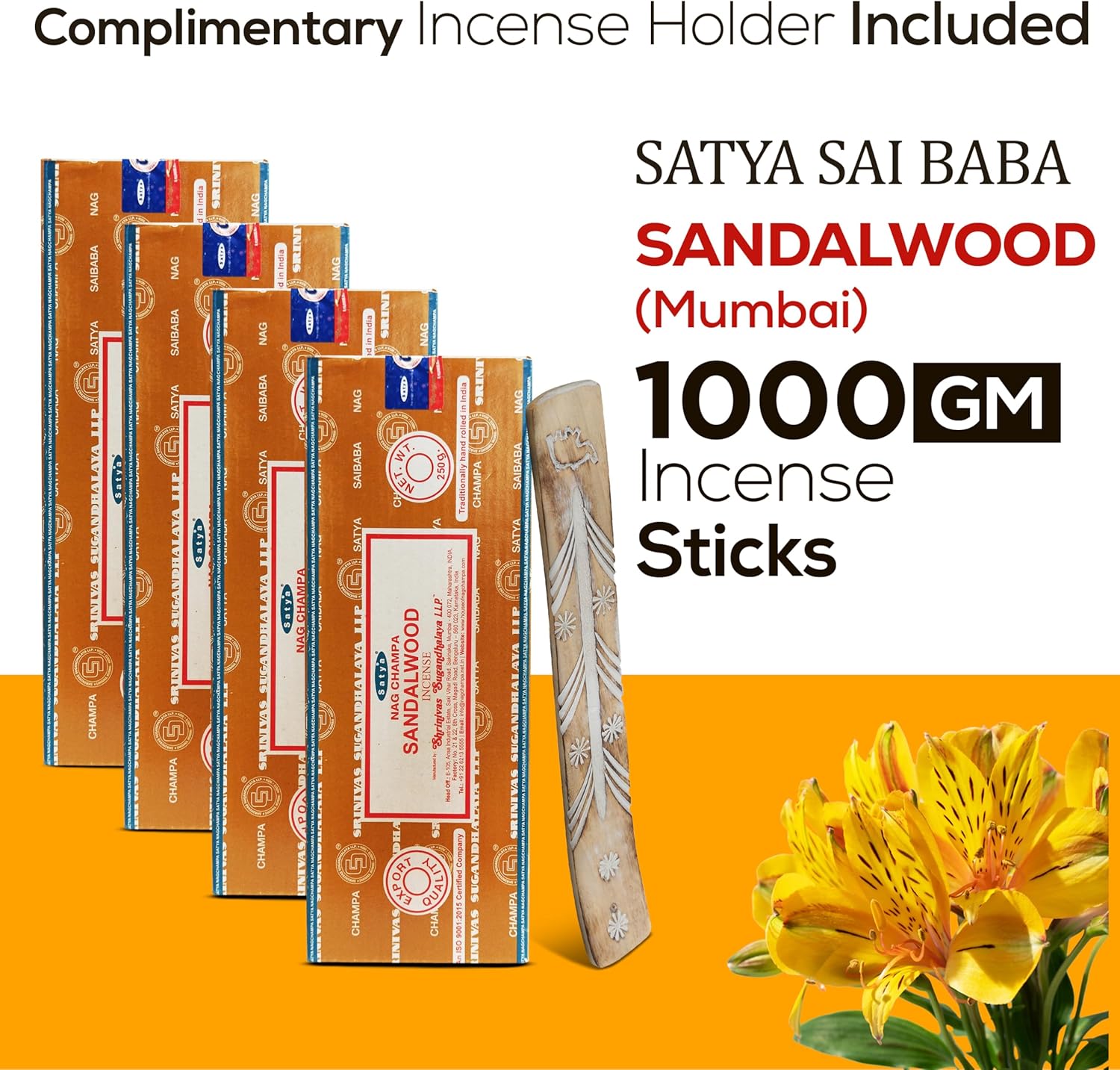 Satya Nag Champa Sandalwood Incense Sticks 4 Pack with Holder