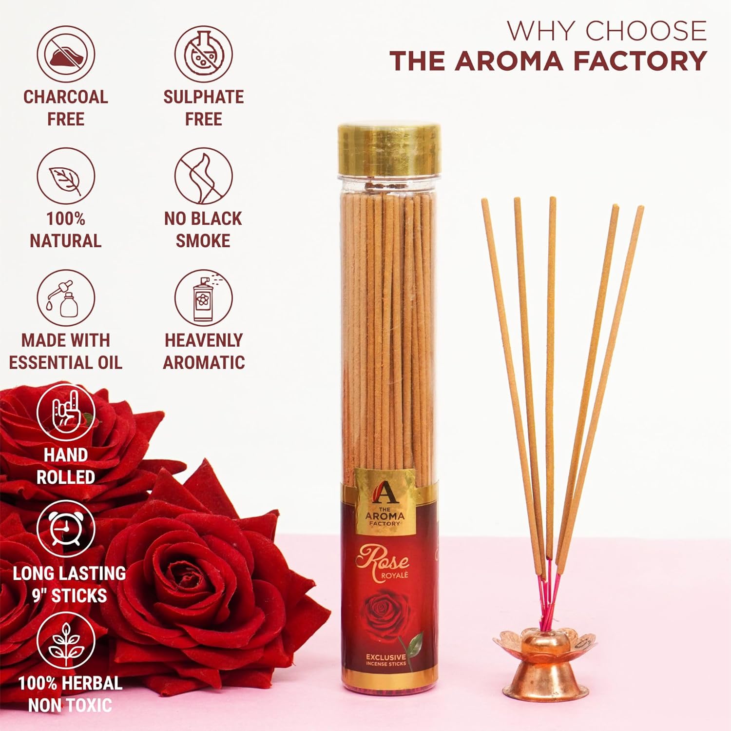 The Aroma Factory Rose Agarbatti - Charcoal Free Premium Fragrance 100G Jar Pack