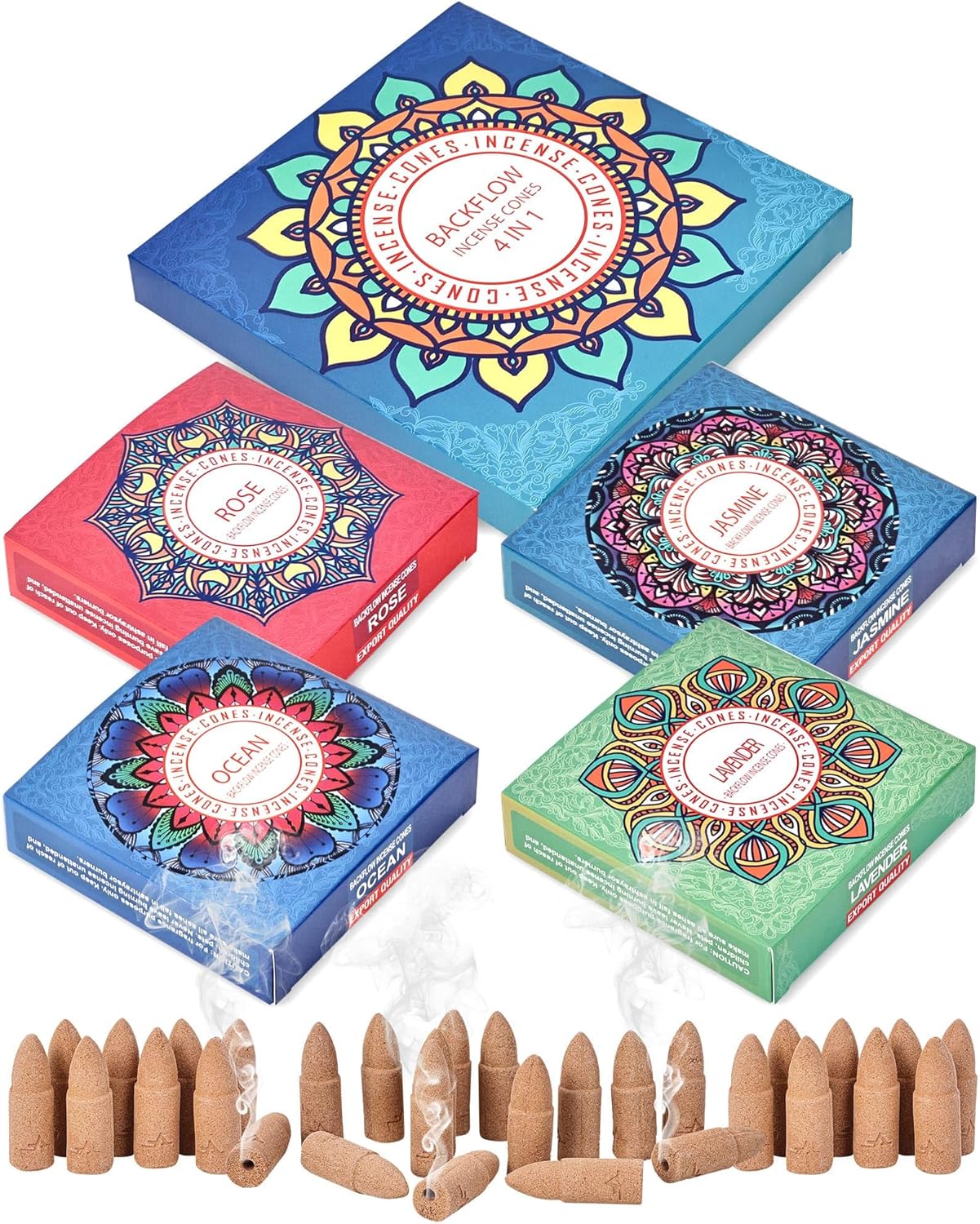 Backflow Incense Cones Gift Set Rose Jasmine Ocean Lavender