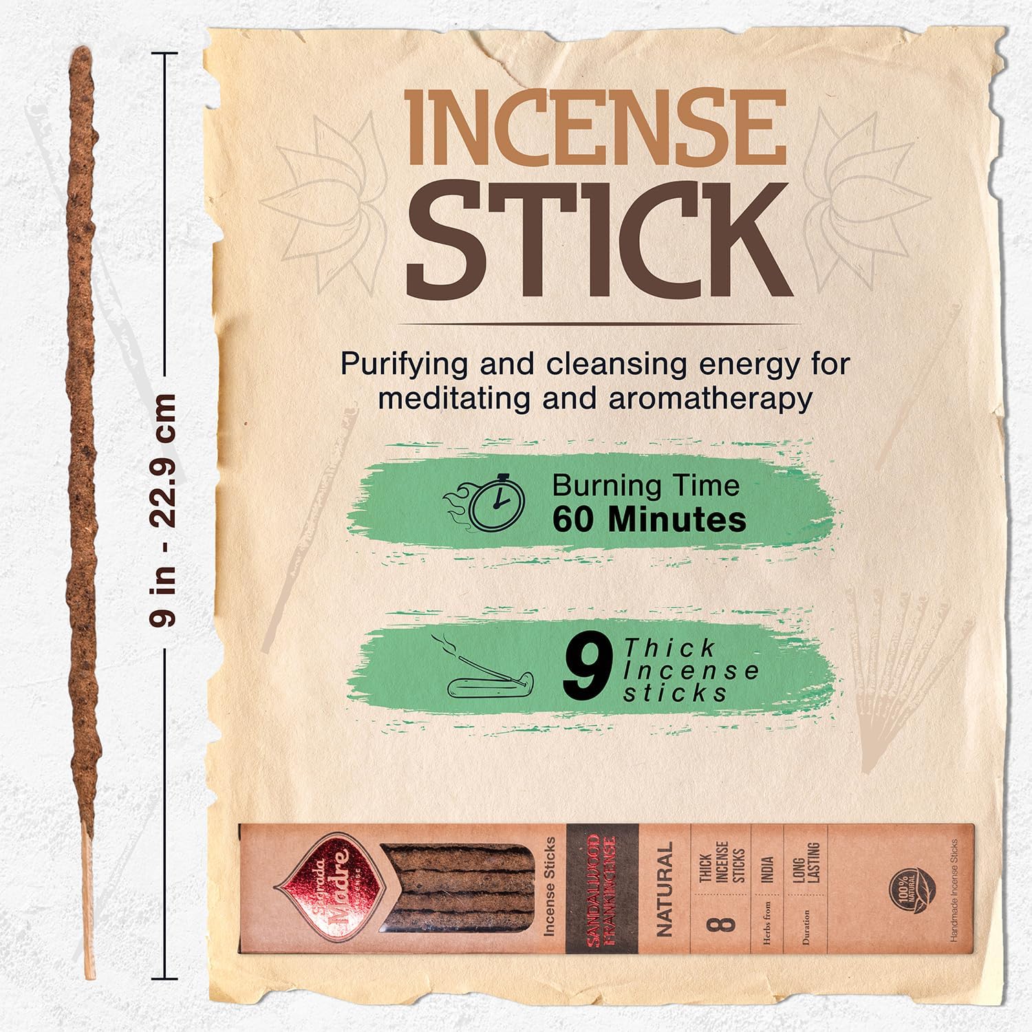 8 Pcs Natural Sandalwood Olibanum Incense Sticks 9 Long Eco Friendly 1hr Burning Time for Healing and Purification