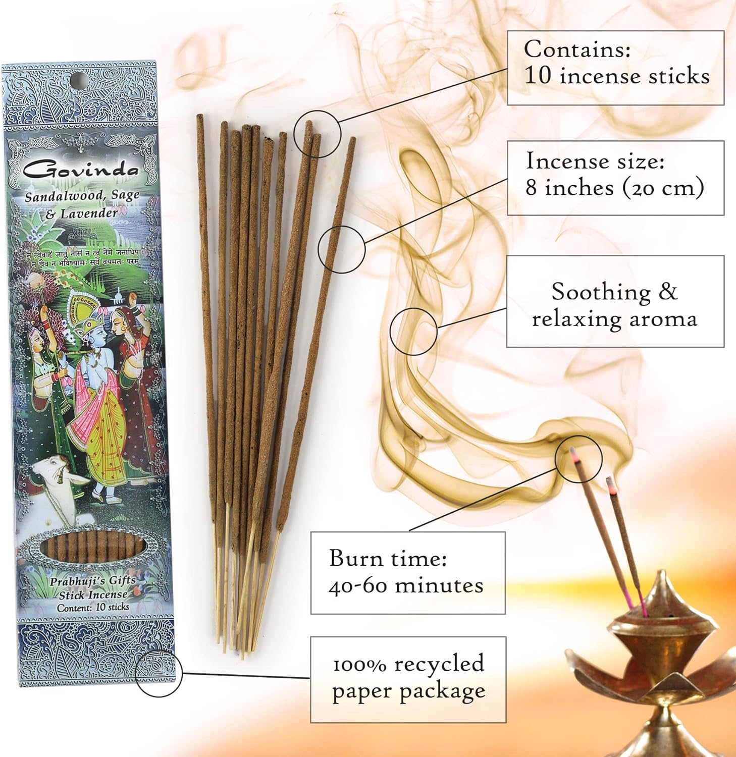 Prabhujis Gifts Spiritual Incense Sticks - Sandalwood Sage Lavender - 3 Packs