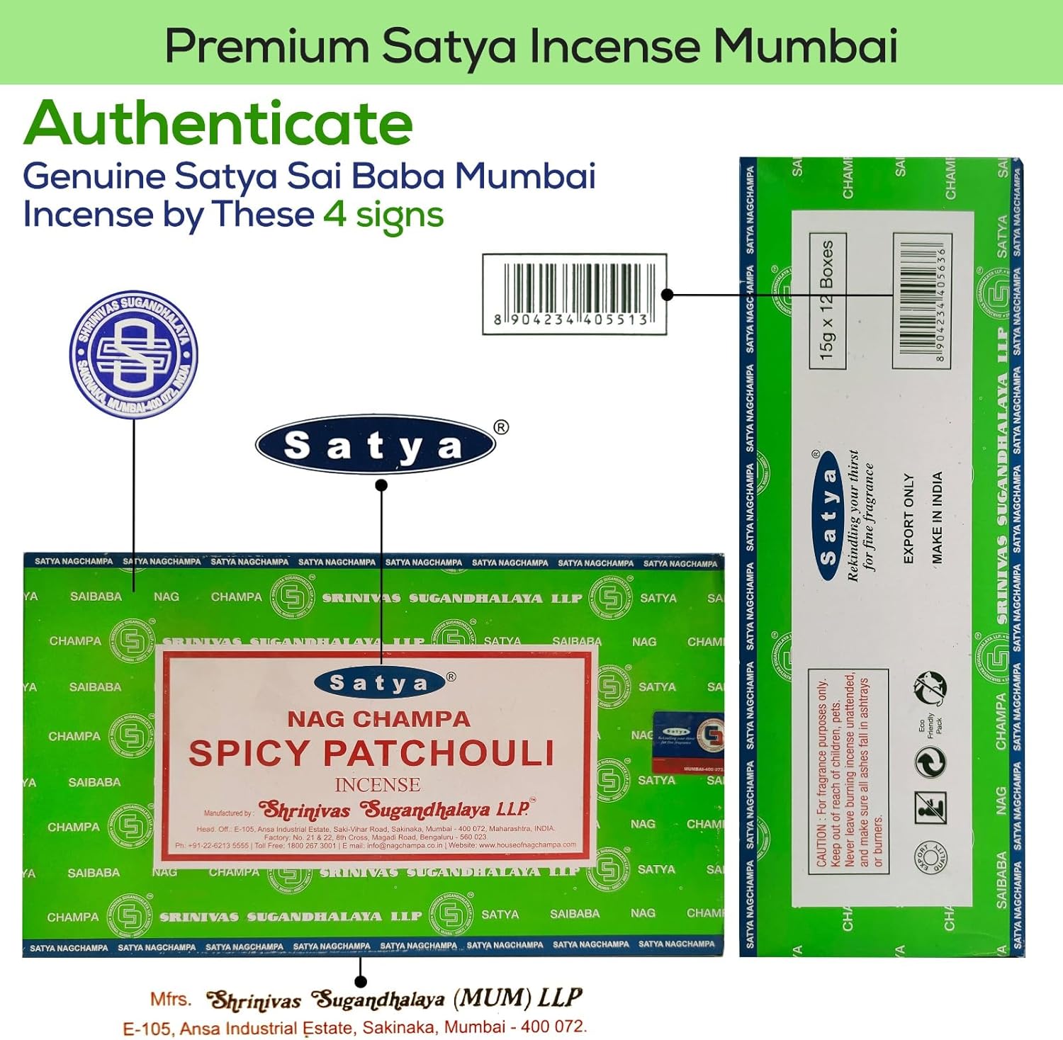 Satya Spicy Patchouli Incense Sticks 12 Pack with Wooden Holder