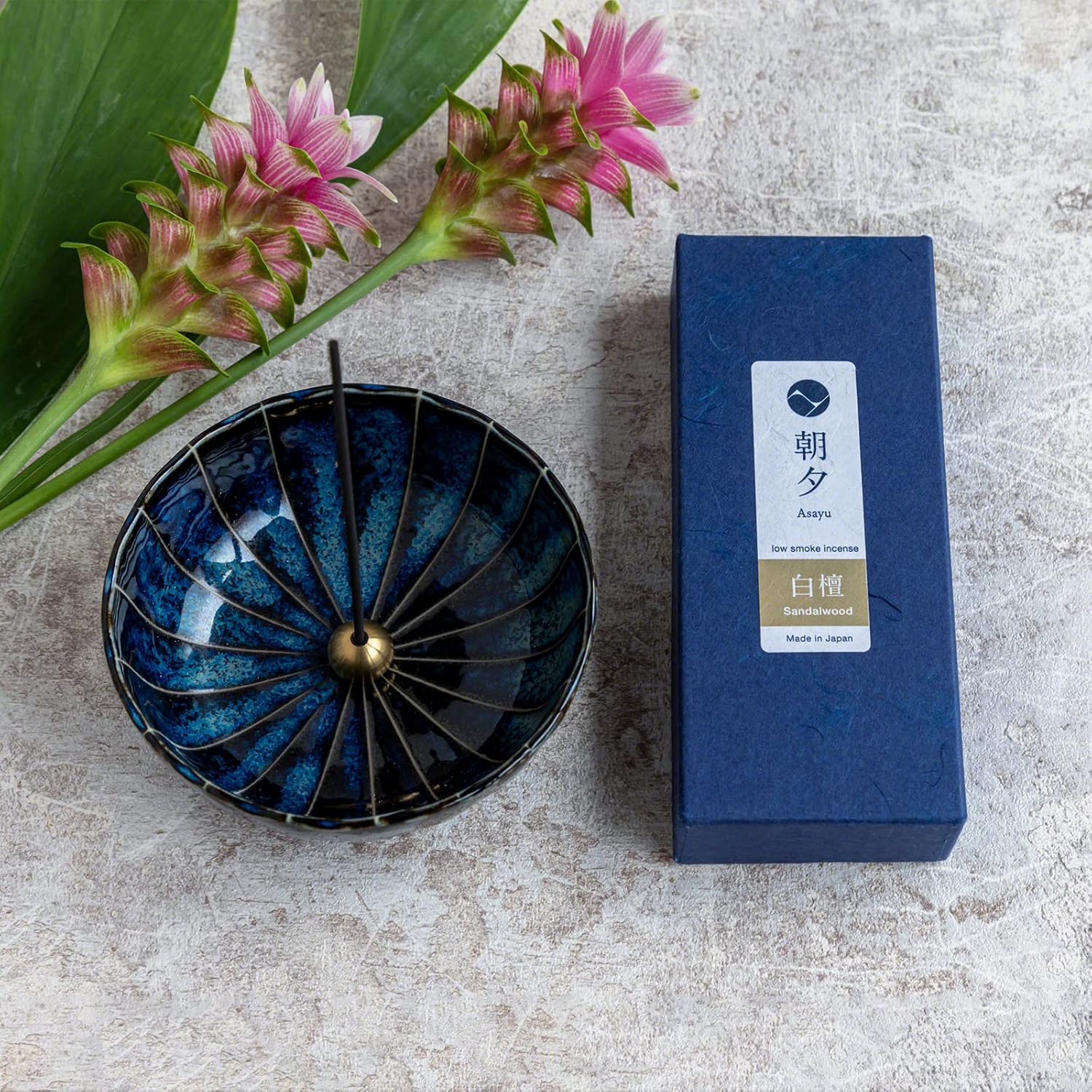 Asayu Japan Gift Set Sandalwood Incense Navy Blue Lotus Holder