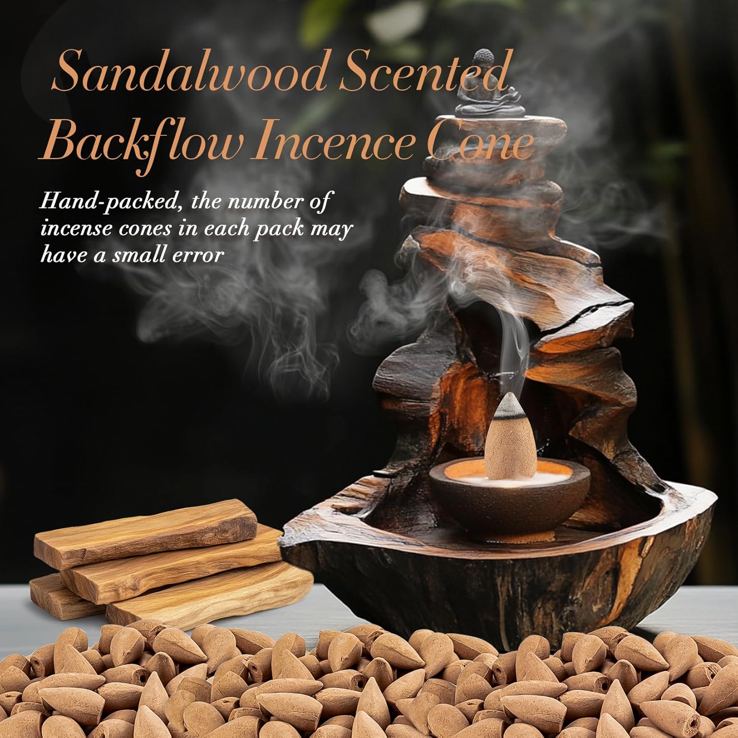 Sukh Backflow Incense Cones - 108pcs Sandalwood Scented Waterfall Aromatherapy Burners