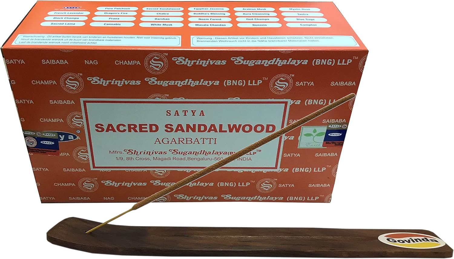 Govinda Incense Stick Holder Bundle with Satya Bangalore Incense - 12 Boxes x 15 Grams