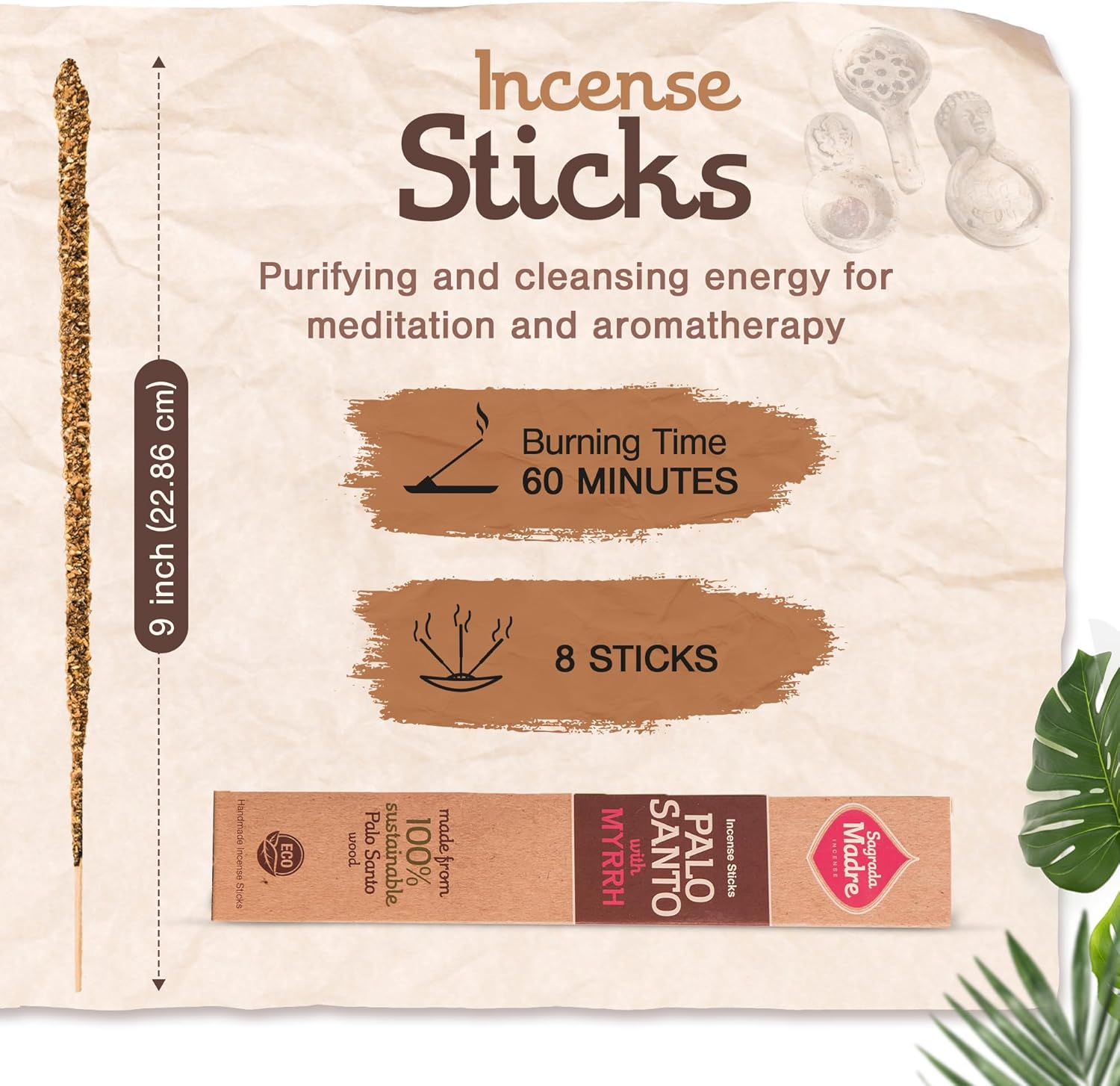 8pcs Wildly Harvested Thick Palo Santo Incense Sticks with Myrrh 9 Long - Eco Friendly Non-Toxic