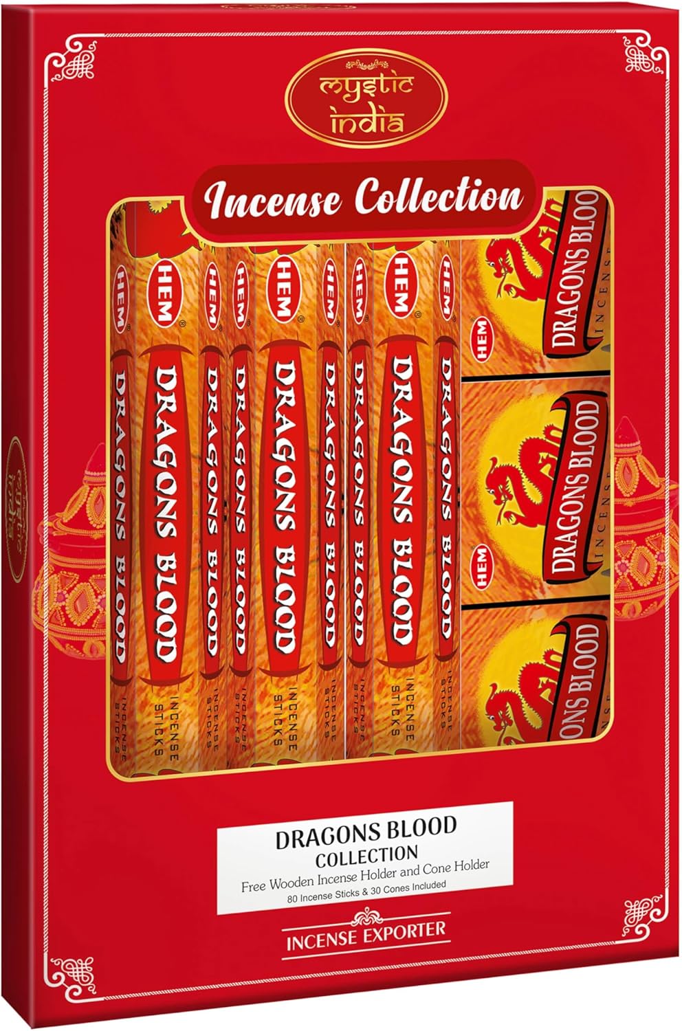 Mystic India Hem Incense Dragons Blood 4 Tube Hexa and 3 Box Cones with Free Holder