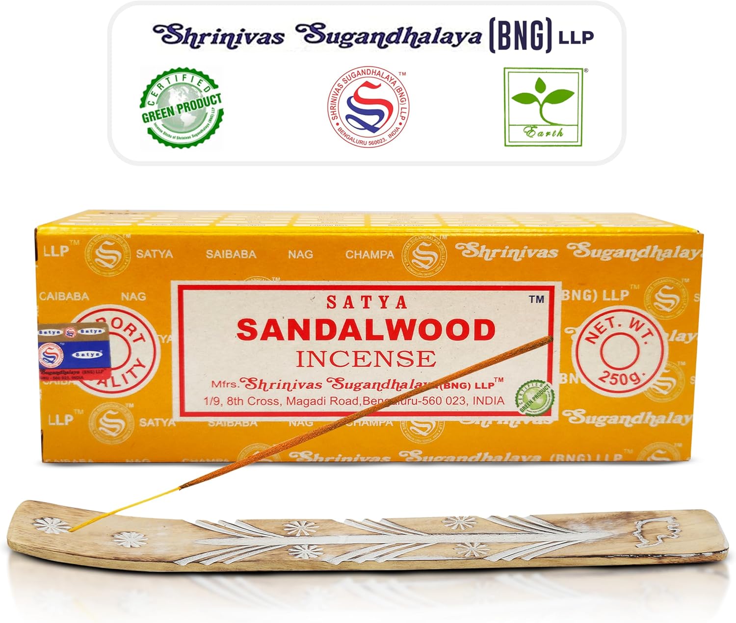Satya Sandalwood Incense Sticks 250gm Pack with Raajsee Holder