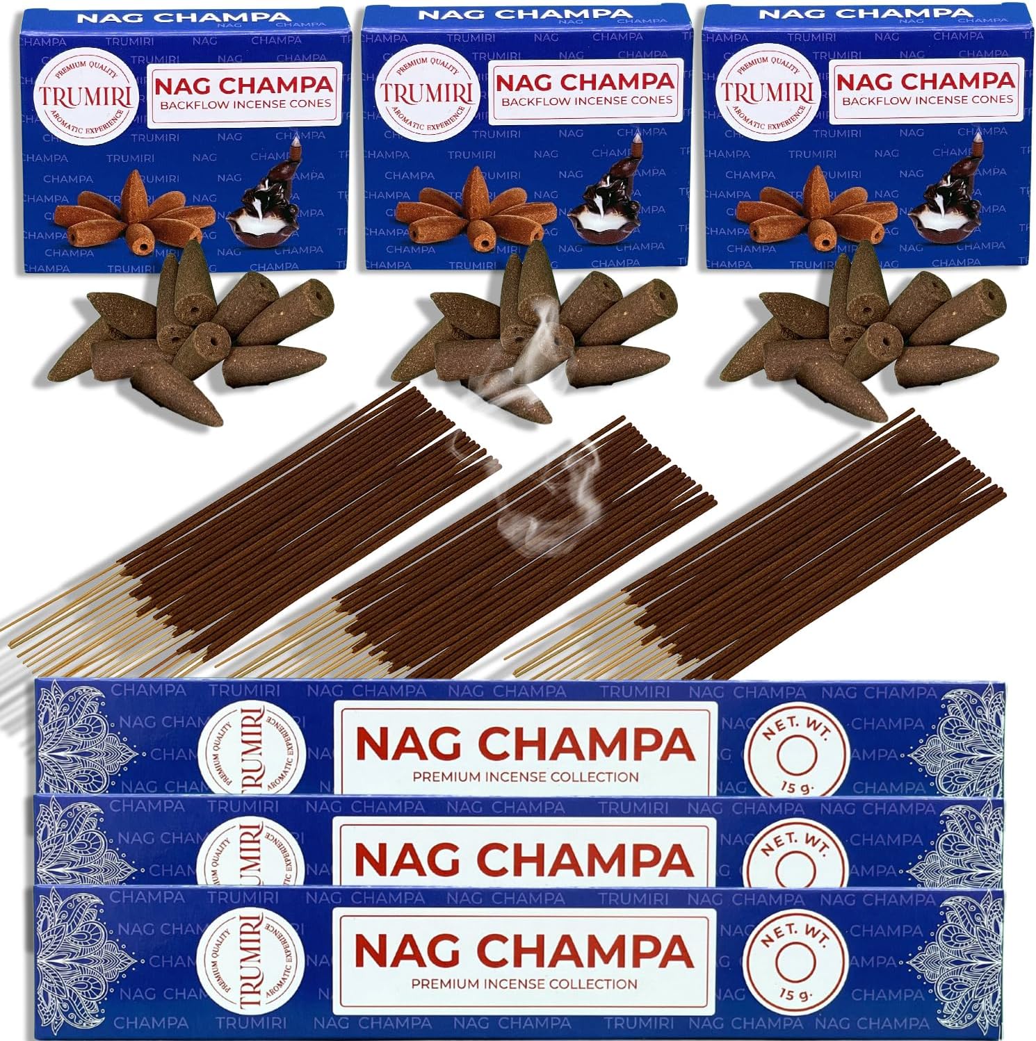 TRUMIRI Nag Champa Incense Sticks and Waterfall Cones - 45 Sticks 30 Cones