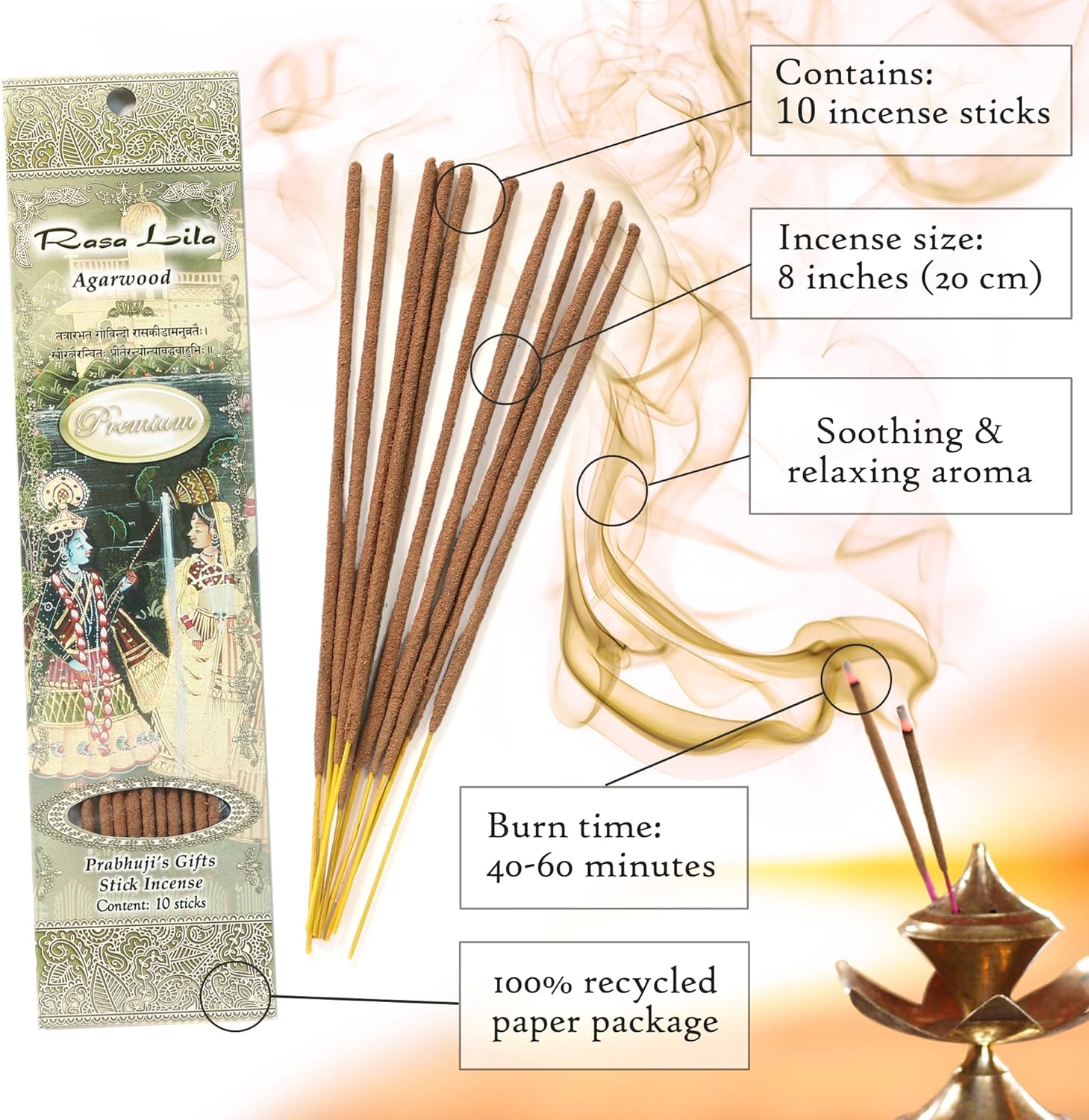 Prabhujis Gifts Rasa Lila Incense Sticks - Agarwood 3 Packs of 10