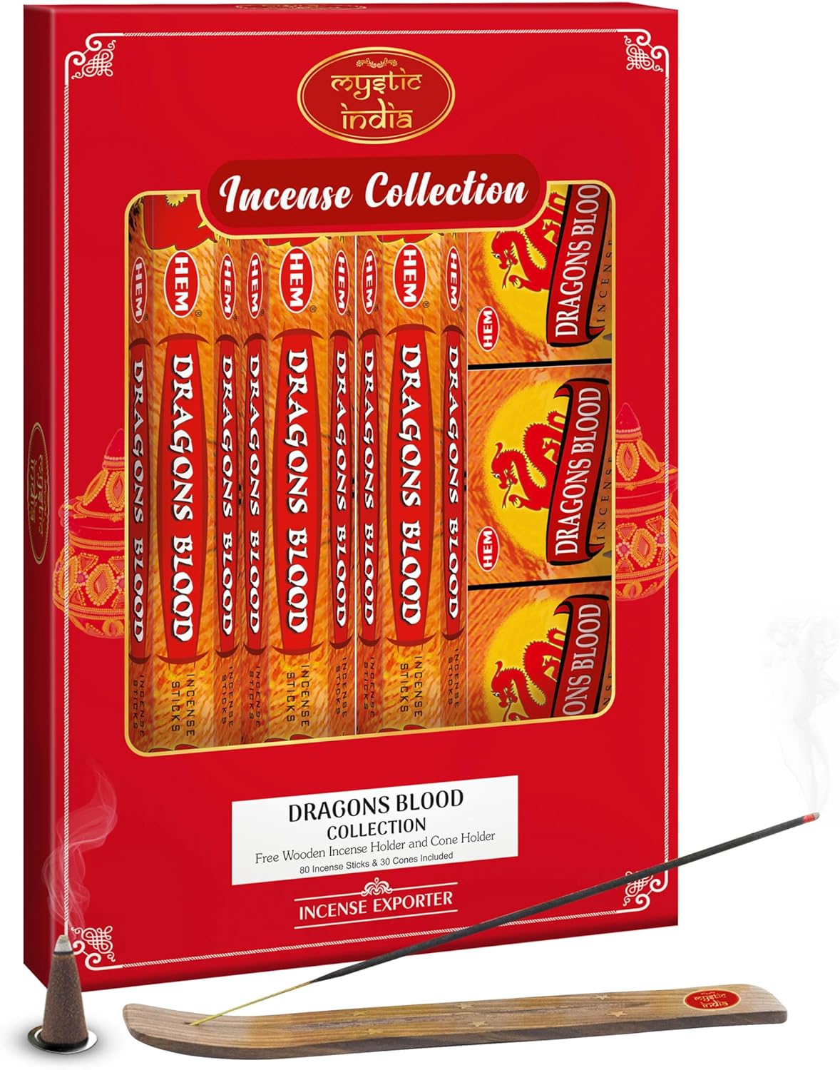 Mystic India Hem Incense Dragons Blood 4 Tube Hexa and 3 Box Cones with Free Holder