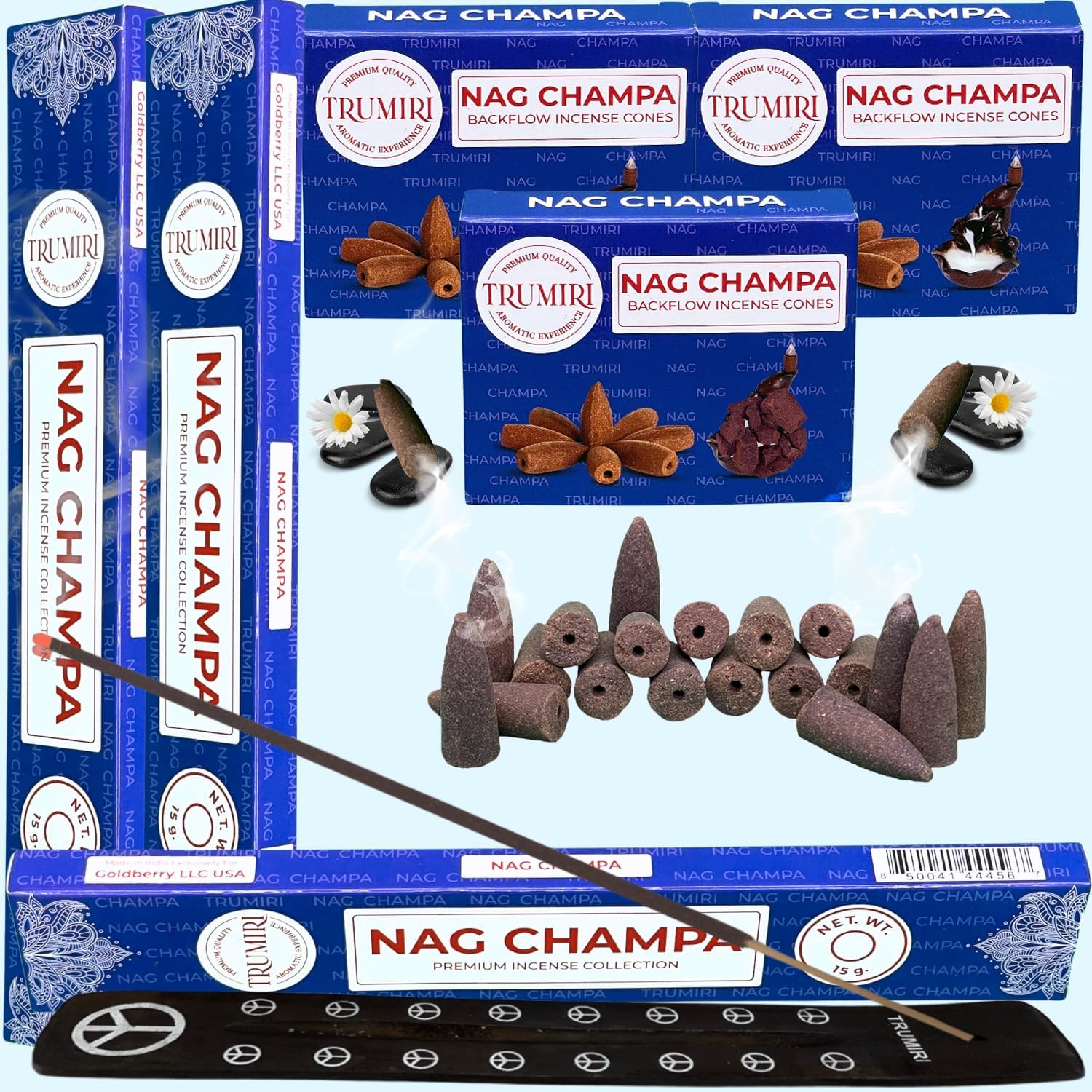 TRUMIRI Nag Champa Incense Sticks and Waterfall Cones - 45 Sticks 30 Cones