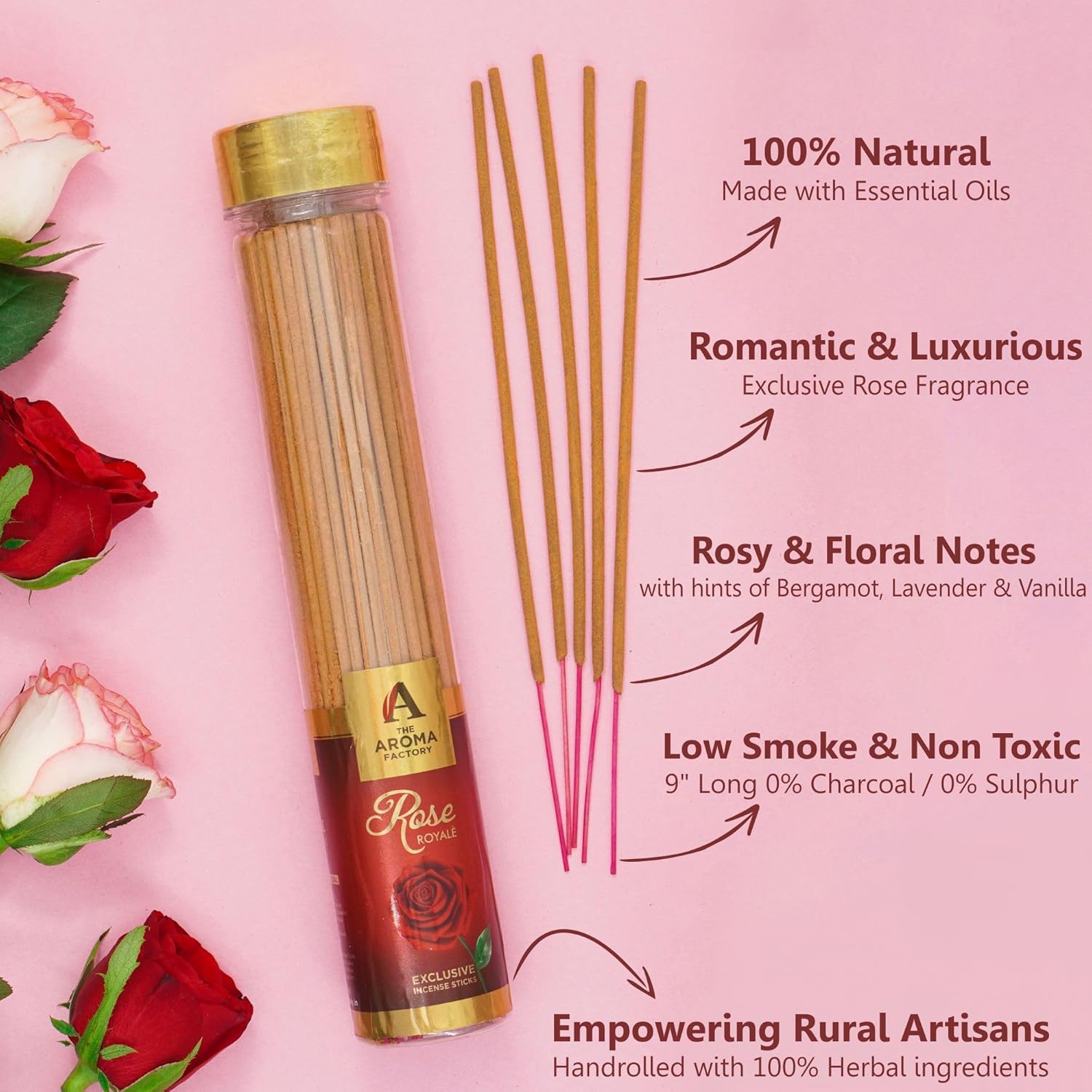 The Aroma Factory Rose Agarbatti - Charcoal Free Premium Fragrance 100G Jar Pack