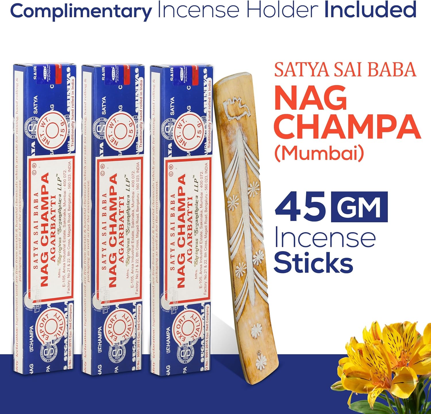 Satya Nag Champa Incense Sticks 45gm Pack with Raajsee Holder