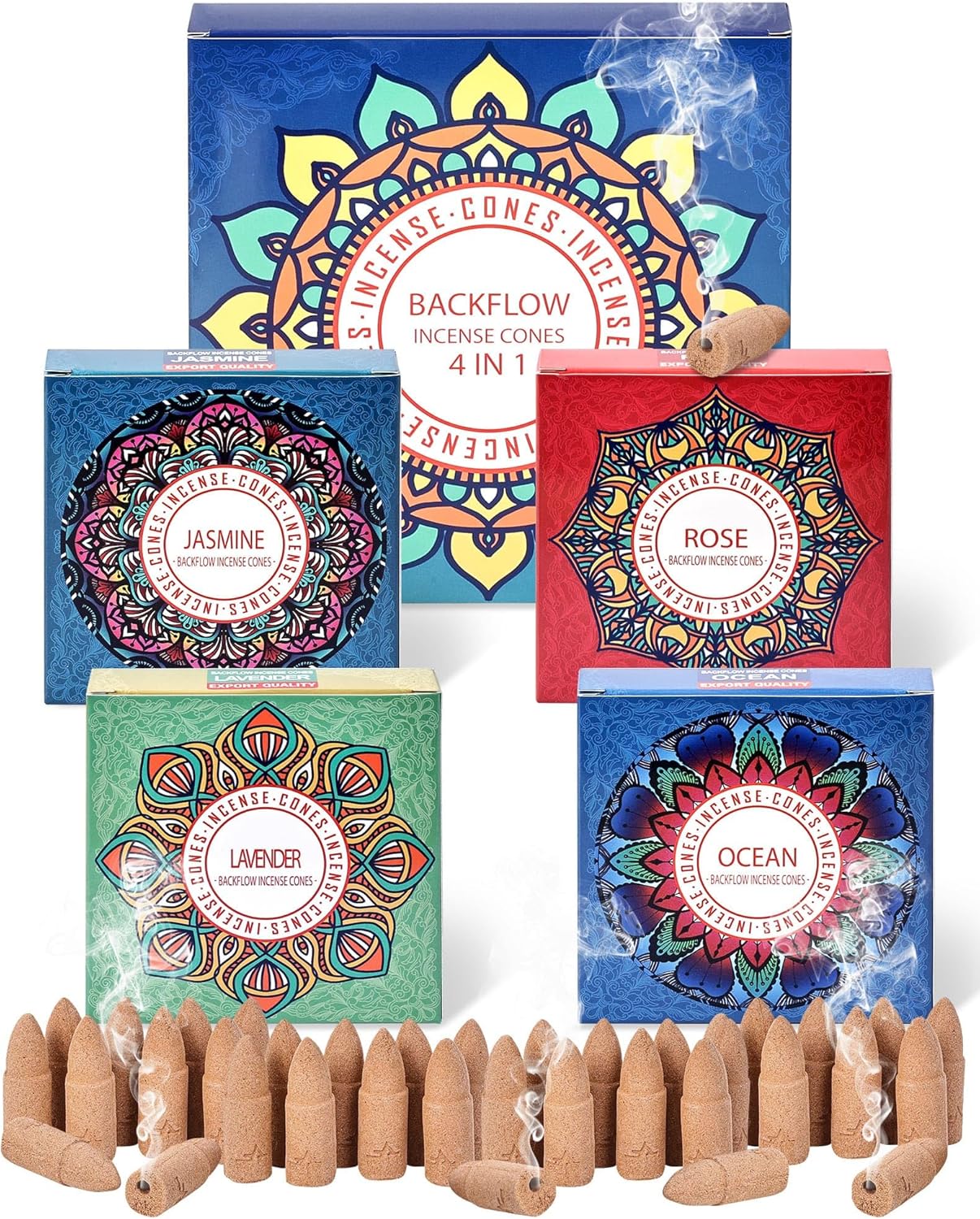 Backflow Incense Cones Gift Set Rose Jasmine Ocean Lavender