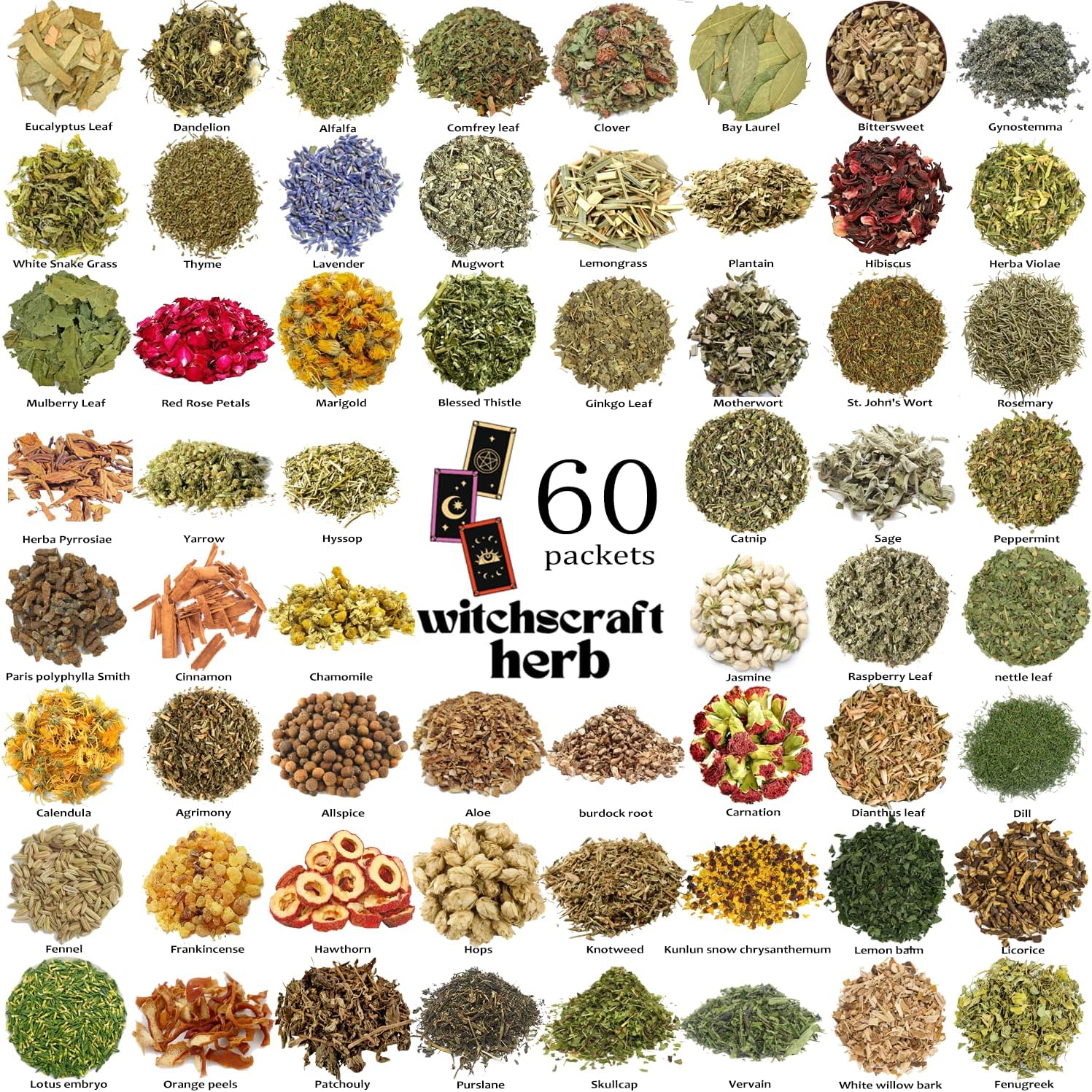 60Pcs Dried Herbs and Flowers for Witchcraft Rituals and Altar Supplies