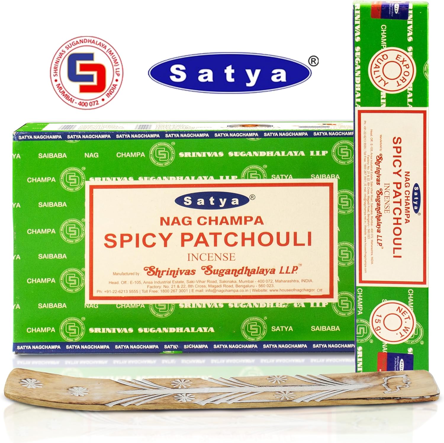 Satya Spicy Patchouli Incense Sticks 12 Pack with Wooden Holder