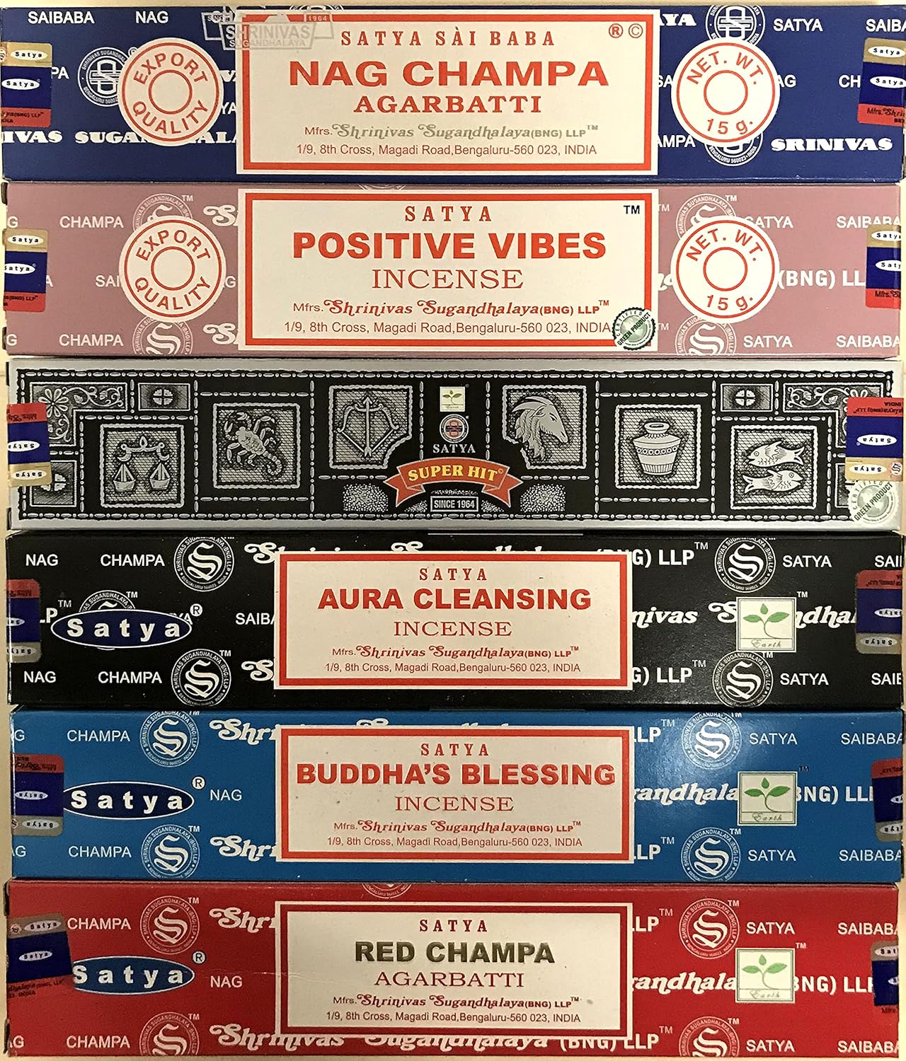 Satya Nag Champa Incense Stick Pack - 6 Scents 15g Set