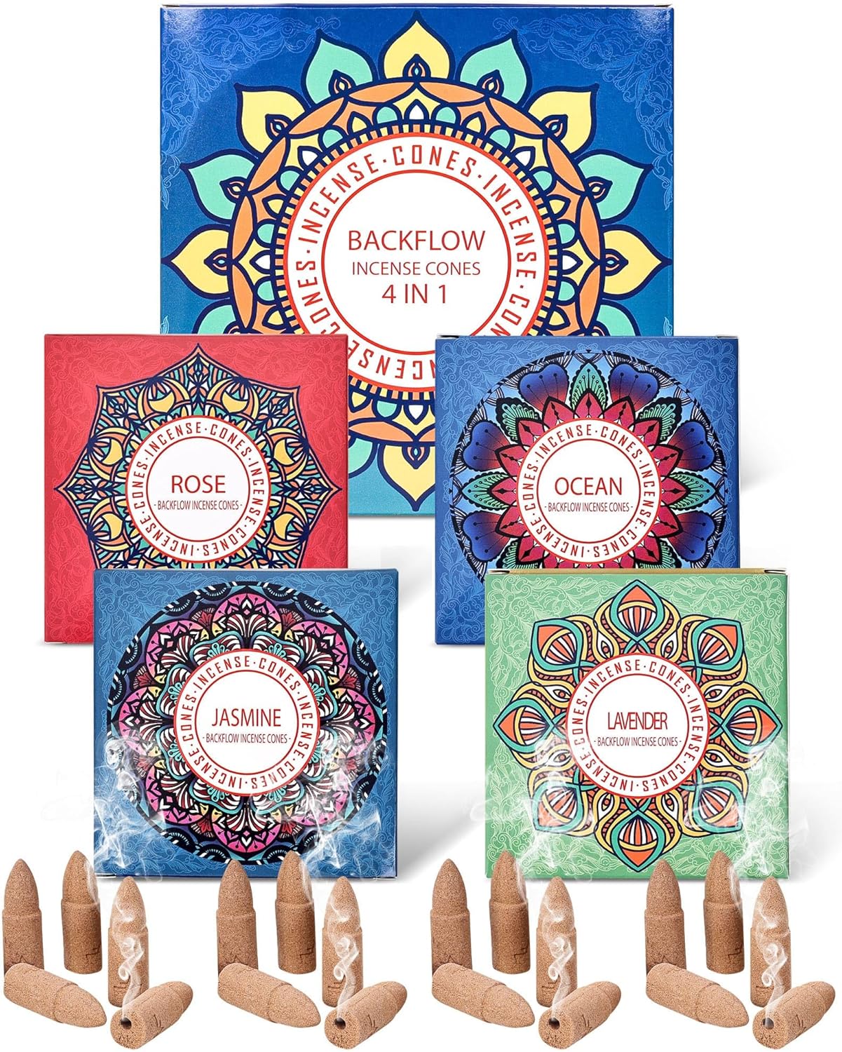 Backflow Incense Cones Gift Set Rose Jasmine Ocean Lavender