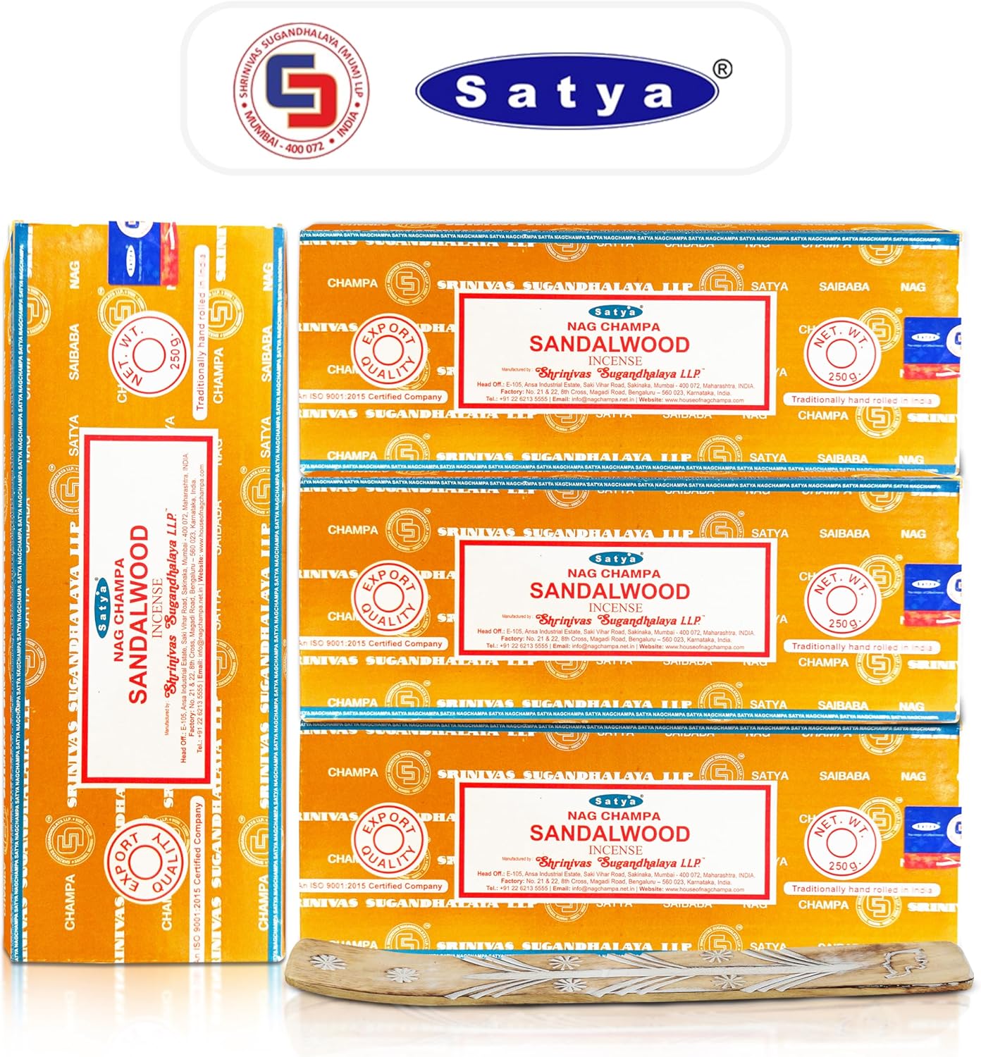 Satya Nag Champa Sandalwood Incense Sticks 4 Pack with Holder