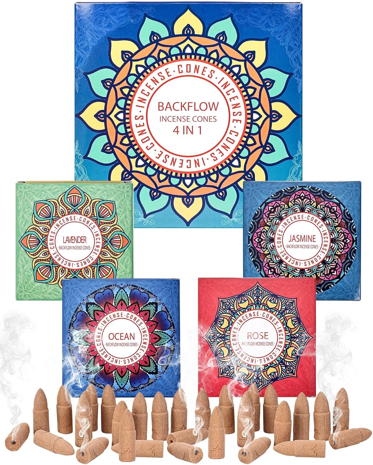 Backflow Incense Cones Gift Set Rose Jasmine Ocean Lavender