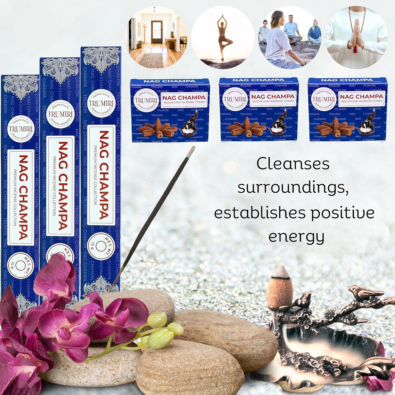 TRUMIRI Nag Champa Incense Sticks and Waterfall Cones - 45 Sticks 30 Cones