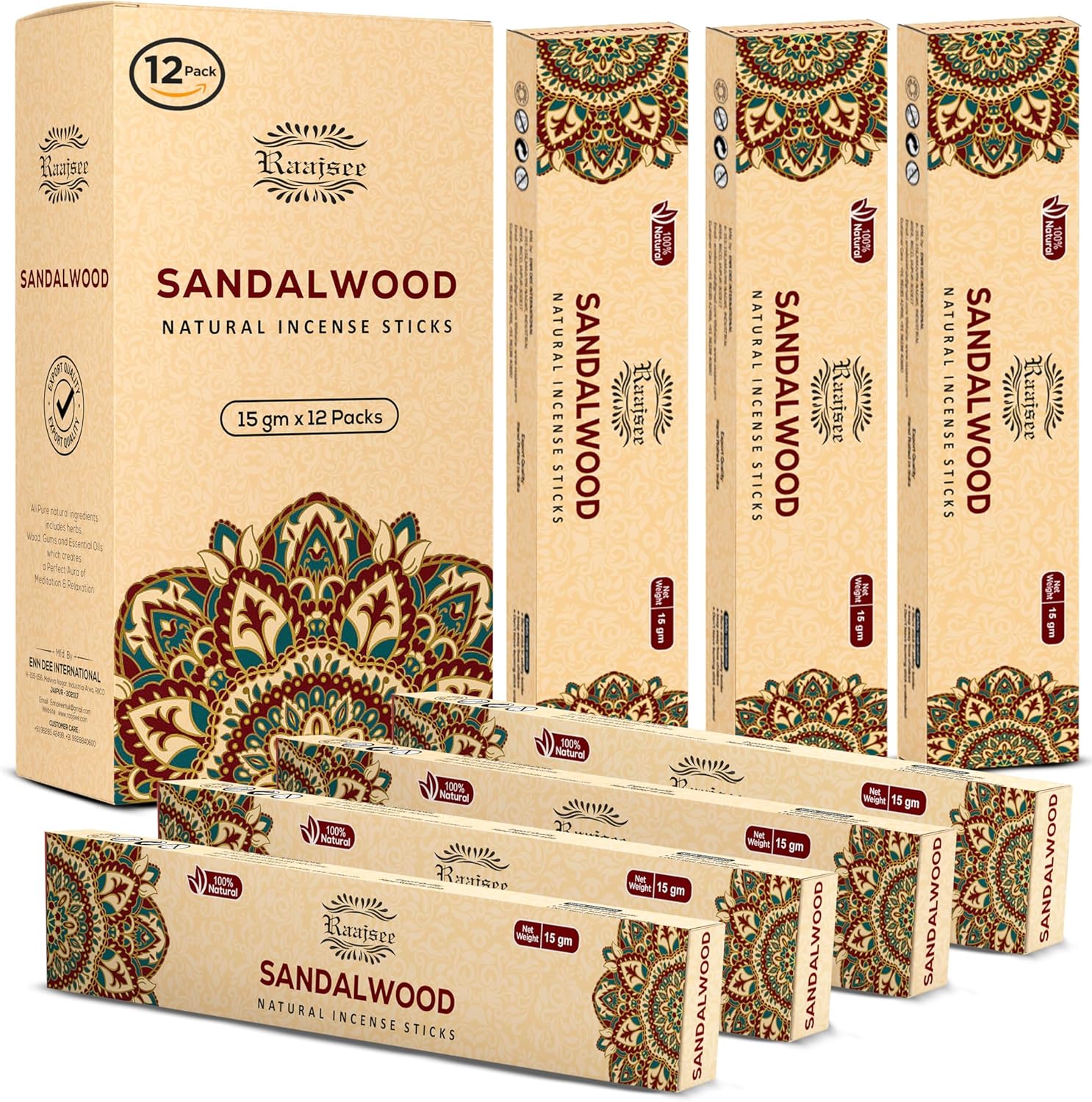 Raajsee Sandalwood Incense Sticks Pack of 12 180 gm