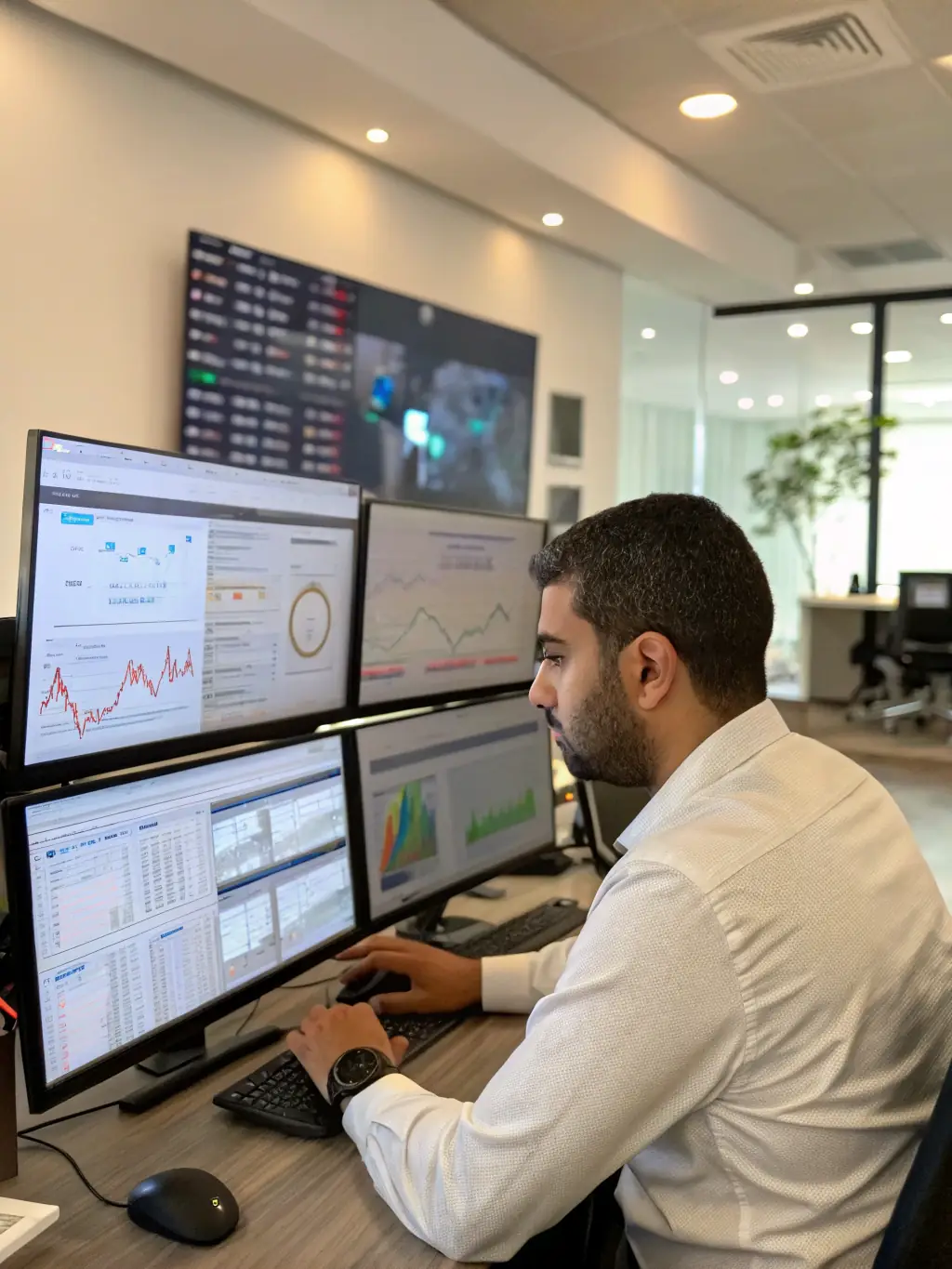 A professional setting showcasing data analysts at INFOBUFFALO LTD working on complex data sets, visualizing trends and insights on large monitors, emphasizing the company's data-driven approach to advertising.