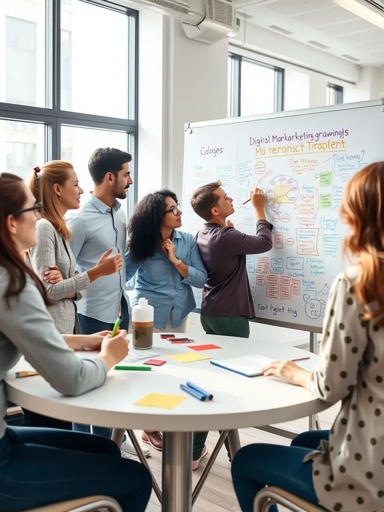A dynamic scene depicting a team at INFOBUFFALO LTD brainstorming and developing a comprehensive advertising campaign strategy, using whiteboards and digital tools to map out the customer journey.